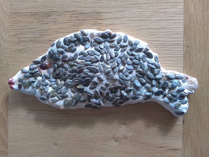 Finished fish with pumpkin seed scales.